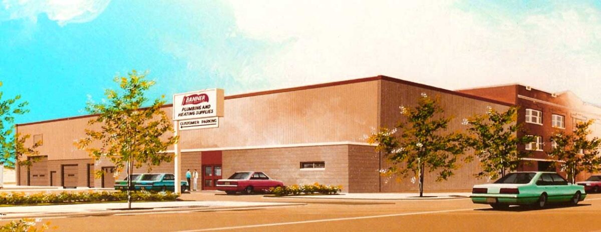 An artist's rendering of a modern new building with sleek lines and large windows.