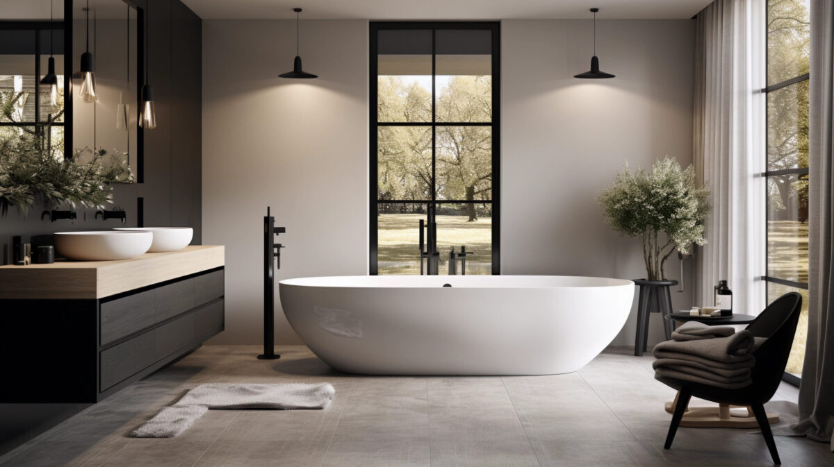 A Sleek And Modern Bathroom With A Minimalist White Vanity And Sleek Black Fixtures, Featuring A Large Shower And Luxurious Freestanding Bathtub