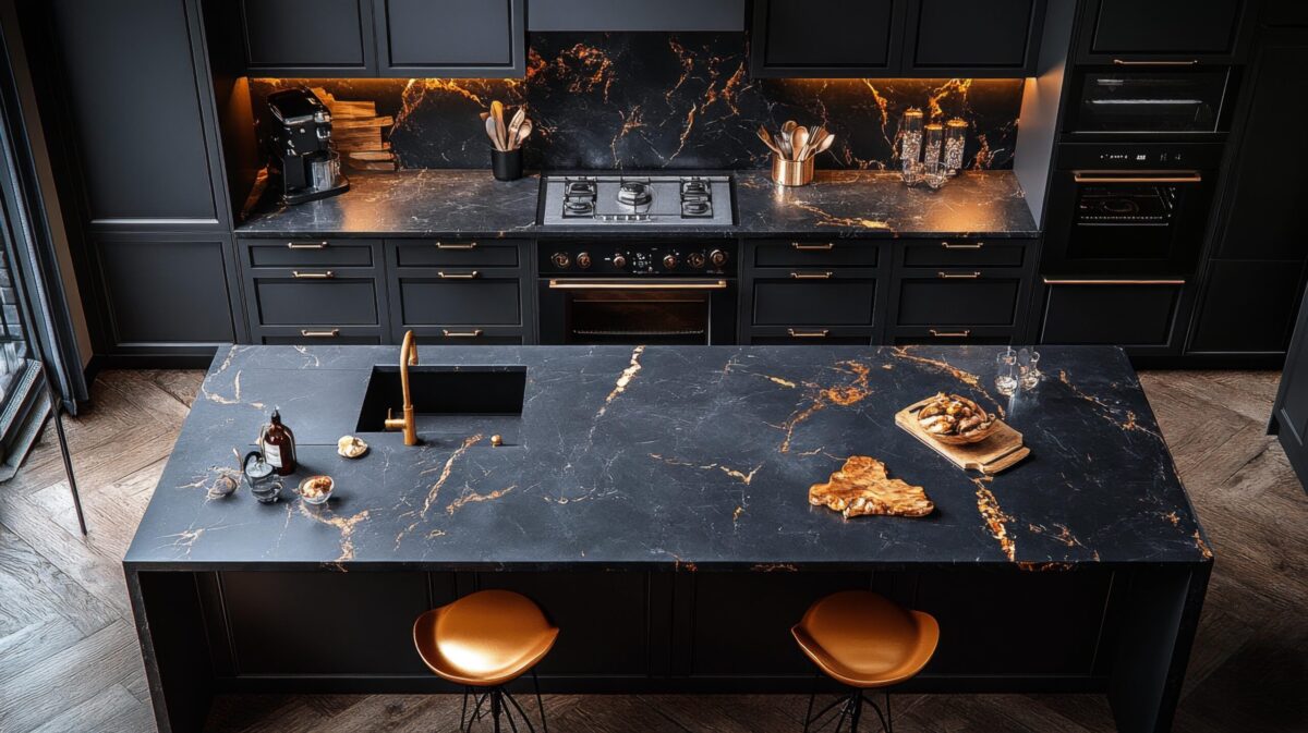 A high-end modern kitchen featuring black marble countertops, gold accents, and stylish design, perfect for luxury home interiors.