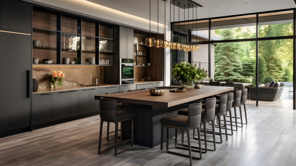 Beautiful Kitchen In Luxury Modern Contemporary Home Interior With Island And Chairs. Generative Ai.