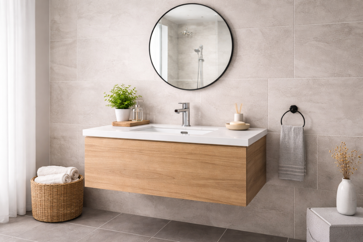 Modern-looking sink in minimalist bathroom