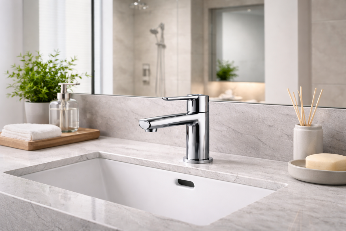 Modern-looking chrome faucet on marble sink in bathroom