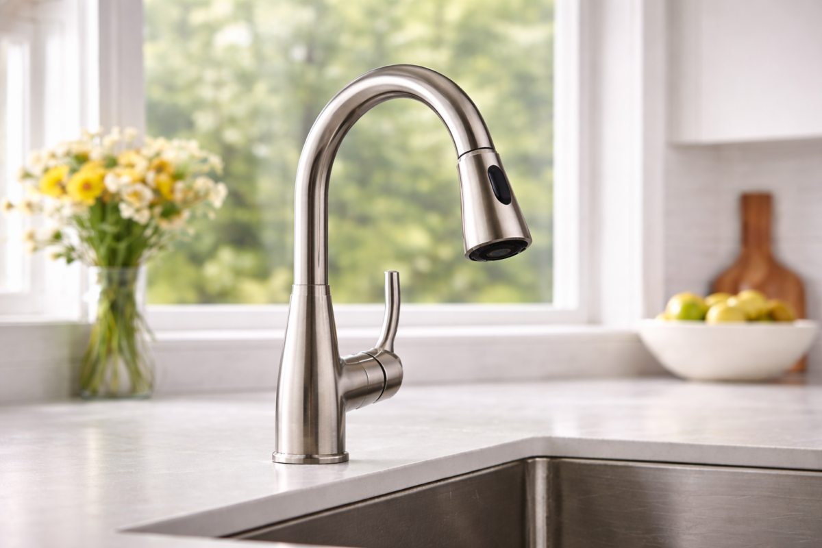 Modern faucet in kitchen with natural lighting