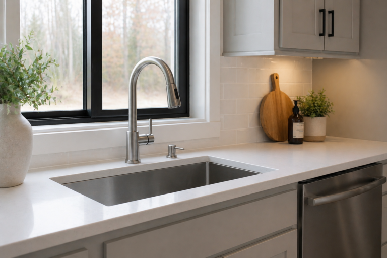 Modern kitchen sink with stainless steel faucet, white quartz countertop, and minimalist backsplash beneath a window with natural light
