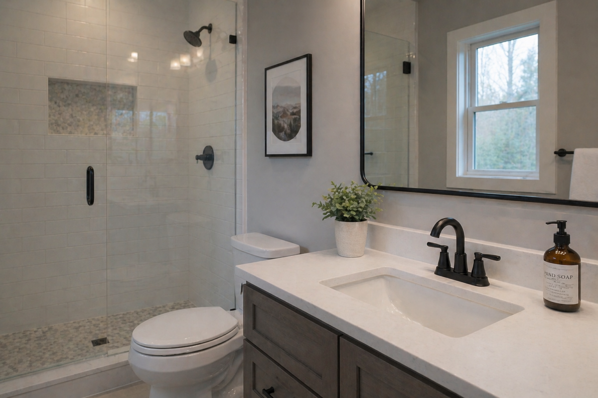 Modern bathroom with white vanity, black faucet, quartz countertop, glass walk-in shower, and neutral tile design under natural window light