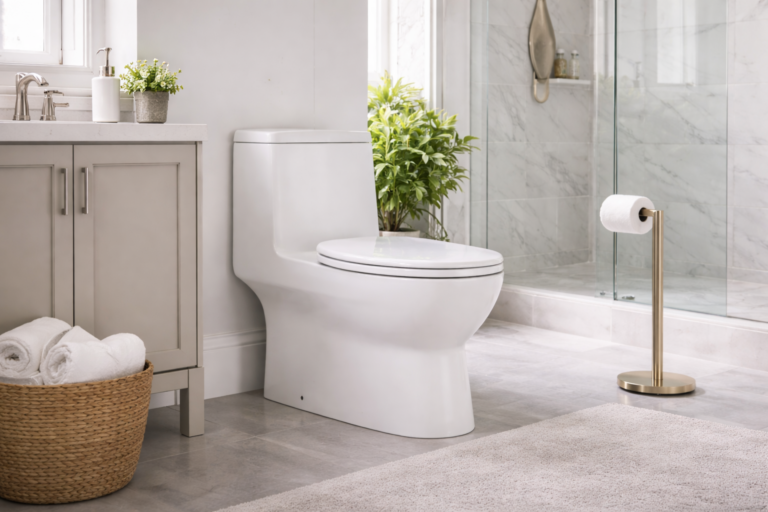 White toilet in light-colored modern bathroom with natural lighting