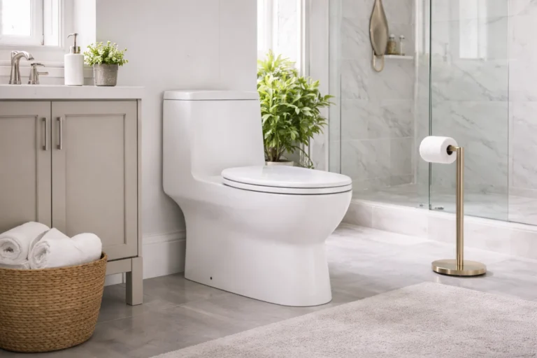 White toilet in light-colored modern bathroom with natural lighting