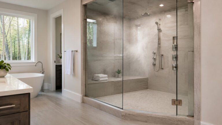 Minimalist spa-like bathroom with steam shower