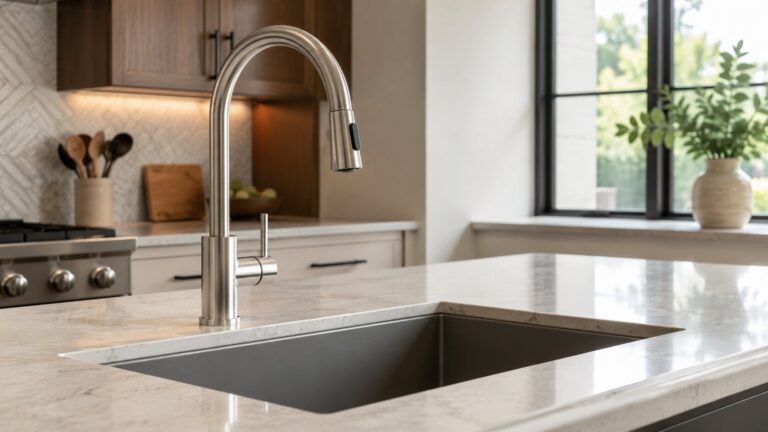 Modern kitchen faucet in naturally lit kitchen