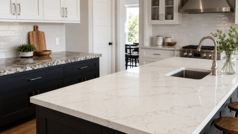 Modern kitchen with a light quartz island countertop, darker granite perimeter countertop, undermount sink, and brushed metal faucet