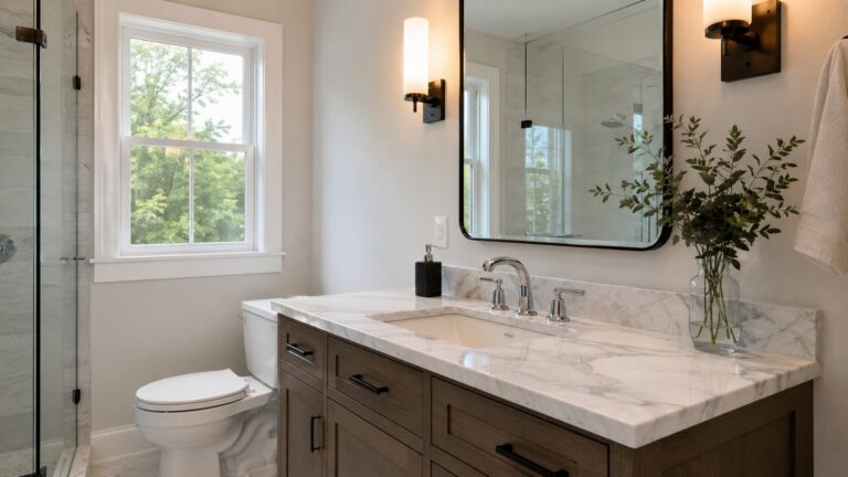 Modern bathroom with a marble vanity countertop, polished chrome faucet, glass shower, white toilet, and warm wood cabinetry