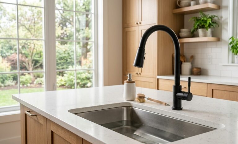 Modern kitchen faucet in naturally lit kitchen