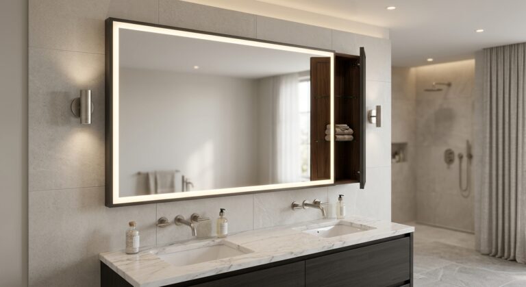 Backlit LED bathroom mirror with medicine cabinet ajar showing built-in storage above a double vanity