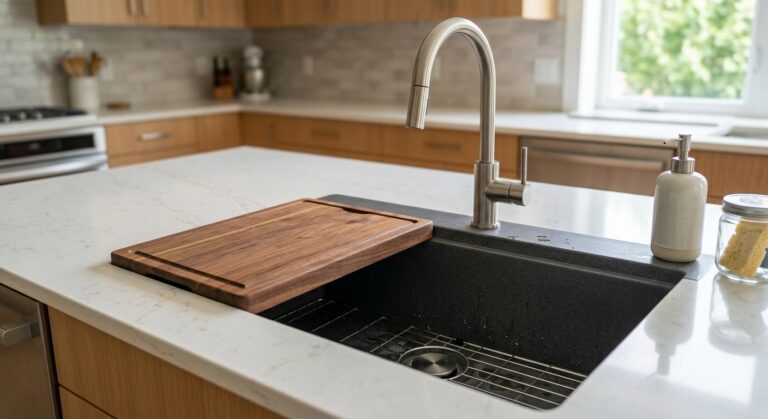 Dark granite composite workstation kitchen sink with integrated cutting board and stainless steel faucet in a modern kitchen