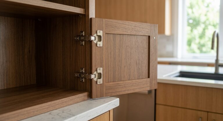 Open shaker-style kitchen cabinet door showing concealed hinge construction and interior storage