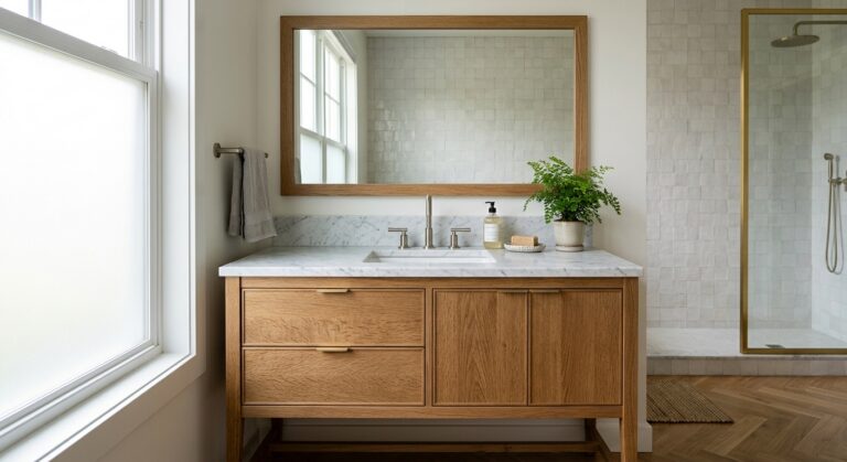 Wood bathroom vanity with marble countertop in a naturally lit bathroom