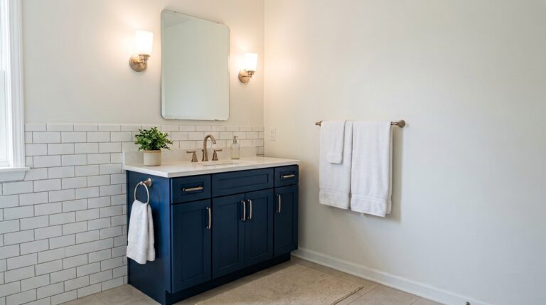 Refreshed bathroom with a navy painted vanity, champagne bronze faucet and sconces, frameless mirror, and original white subway tile.