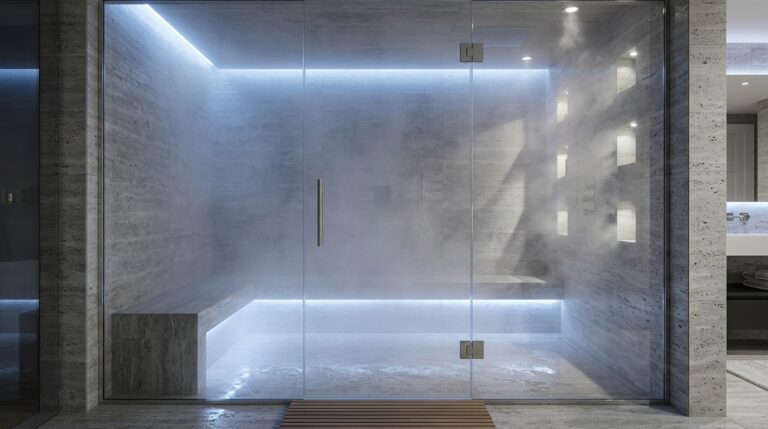 Steam shower with blue chromatherapy LED lighting glowing through visible steam