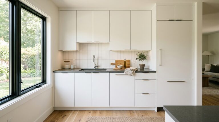 Modern white kitchen with full overlay cabinets and minimal reveal between doors
