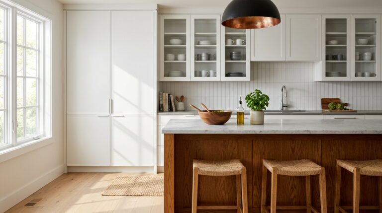 Kitchen with white painted cabinets and a warm wood-stained island showing both cabinet finishes