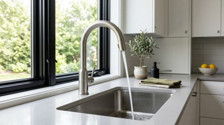 Touch-activated kitchen faucet with indicator light and water running into sink