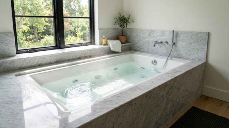 Whirlpool bathtub with active water jets and steam rising from warm bathwater
