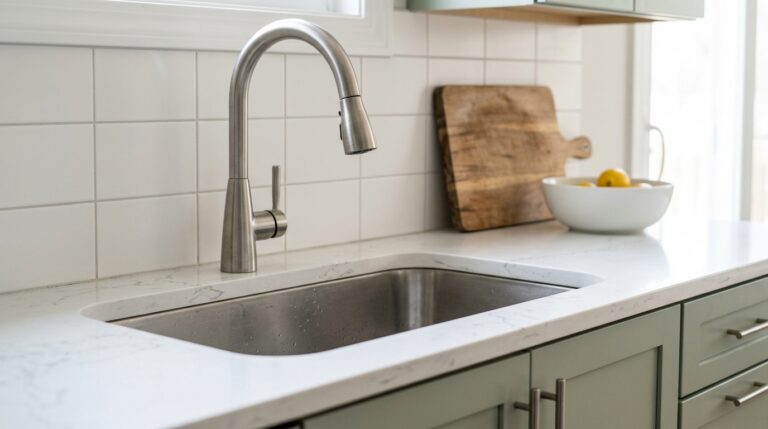 Brushed stainless pull-down kitchen faucet above an undermount sink with a white quartz countertop and sage green cabinets.