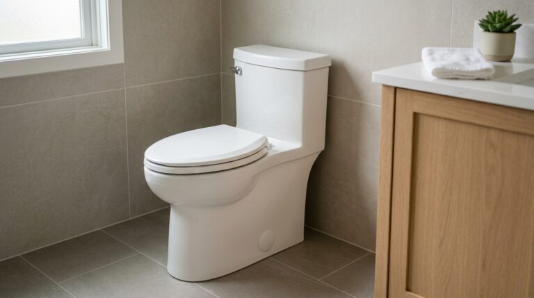 White one-piece skirted toilet in a bathroom with warm gray porcelain tile and a light oak vanity.