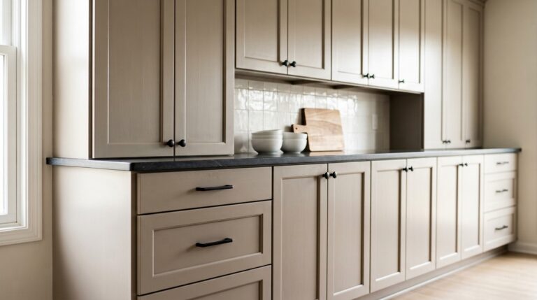 Kitchen with greige Shaker cabinets, black hardware, a charcoal countertop, and an off-white tile backsplash.