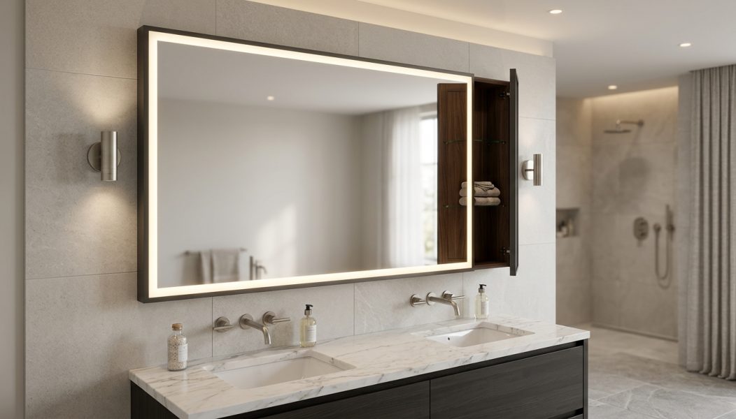Backlit LED bathroom mirror with medicine cabinet ajar showing built-in storage above a double vanity