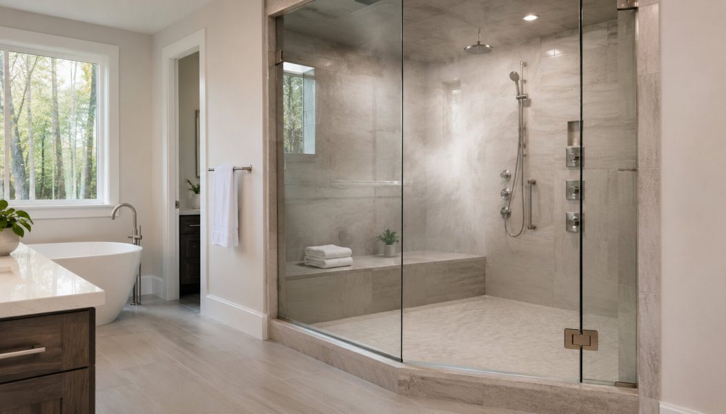 Minimalist spa-like bathroom with steam shower