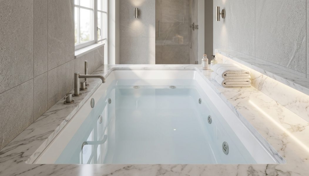 Built-in jetted bathtub filled with water, showing interior jet nozzles in a marble bathroom