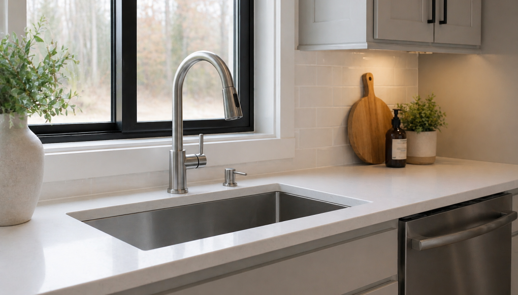Modern kitchen sink with stainless steel faucet, white quartz countertop, and minimalist backsplash beneath a window with natural light