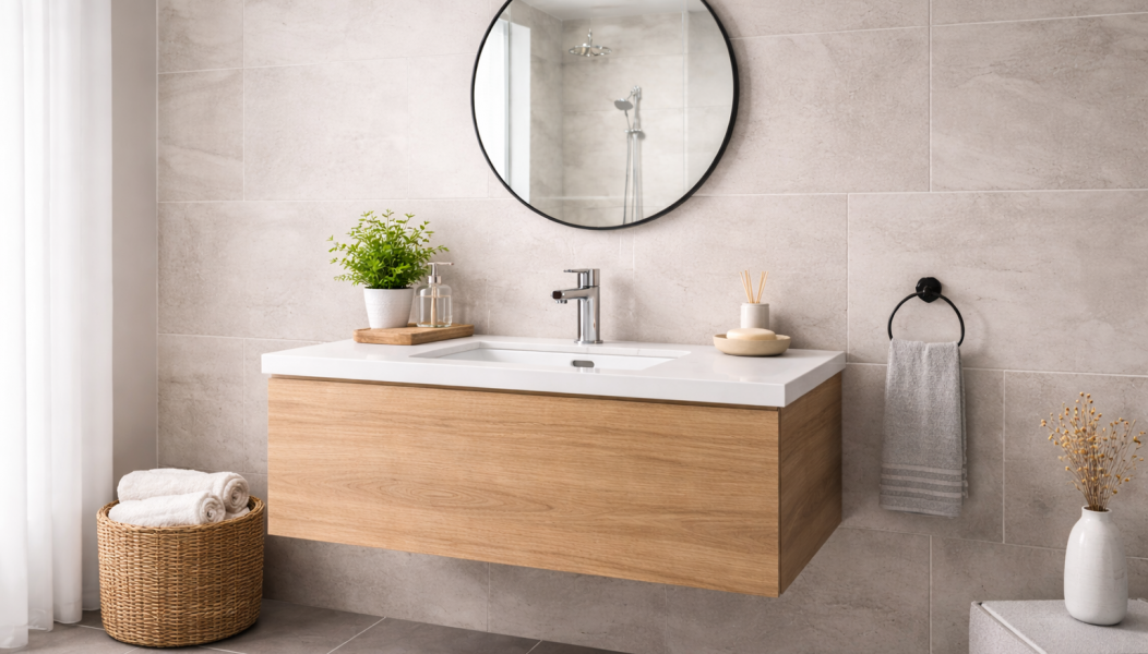 Modern-looking sink in minimalist bathroom