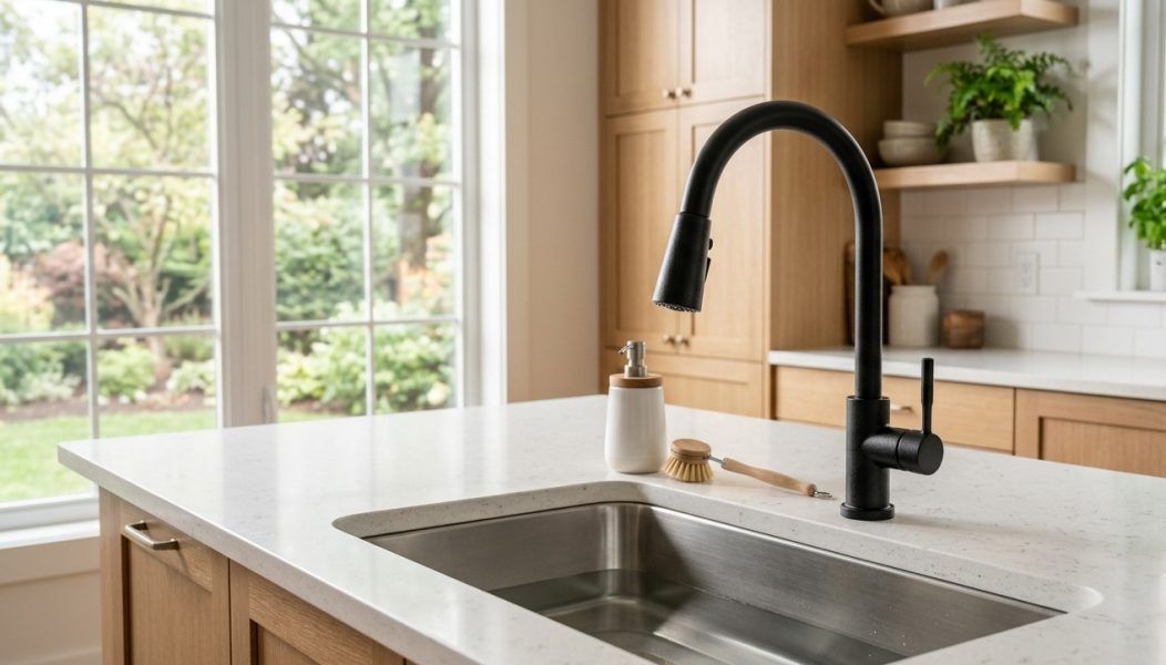 Modern kitchen faucet in naturally lit kitchen