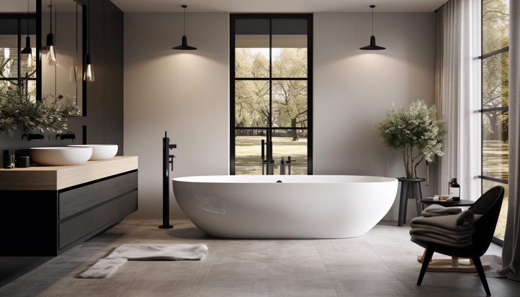 Modern bathroom showroom display with freestanding soaking tub, double vanity sinks, and black fixtures in a contemporary design setting