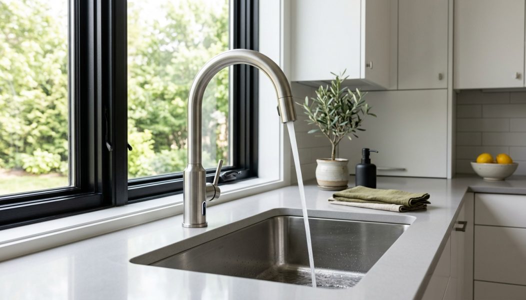 Touch-activated kitchen faucet with indicator light and water running into sink